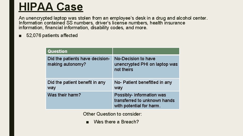 HIPAA Case An unencrypted laptop was stolen from an employee’s desk in a drug