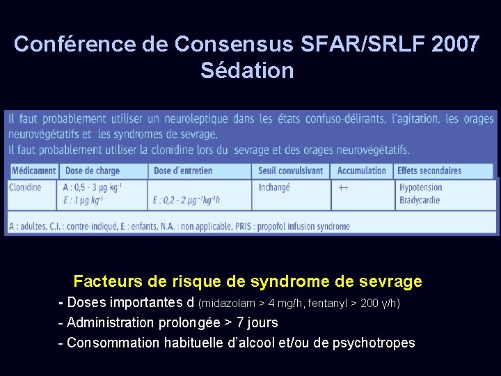 Conférence de Consensus SFAR/SRLF 2007 Sédation Facteurs de risque de syndrome de sevrage -