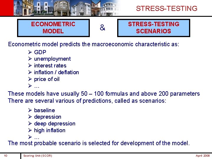 STRESS-TESTING ECONOMETRIC MODEL & STRESS-TESTING SCENARIOS Econometric model predicts the macroeconomic characteristic as: Ø STRESS-TESTING ECONOMETRIC MODEL & STRESS-TESTING SCENARIOS Econometric model predicts the macroeconomic characteristic as: Ø