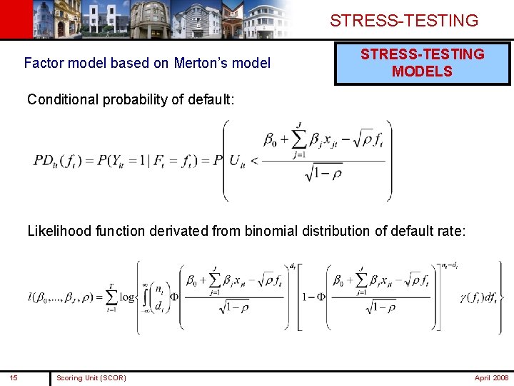 STRESS-TESTING Factor model based on Merton’s model STRESS-TESTING MODELS Conditional probability of default: Likelihood STRESS-TESTING Factor model based on Merton’s model STRESS-TESTING MODELS Conditional probability of default: Likelihood