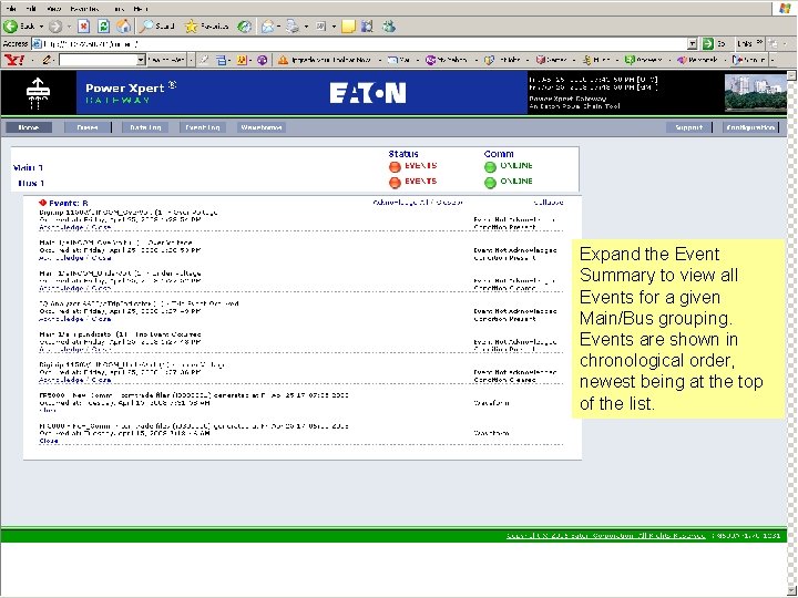 Expand the Event Summary to view all Events for a given Main/Bus grouping. Events
