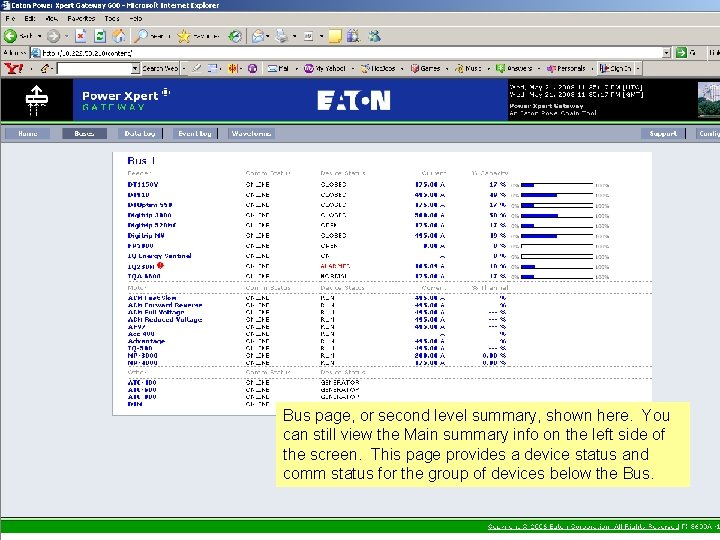 Bus page, or second level summary, shown here. You can still view the Main