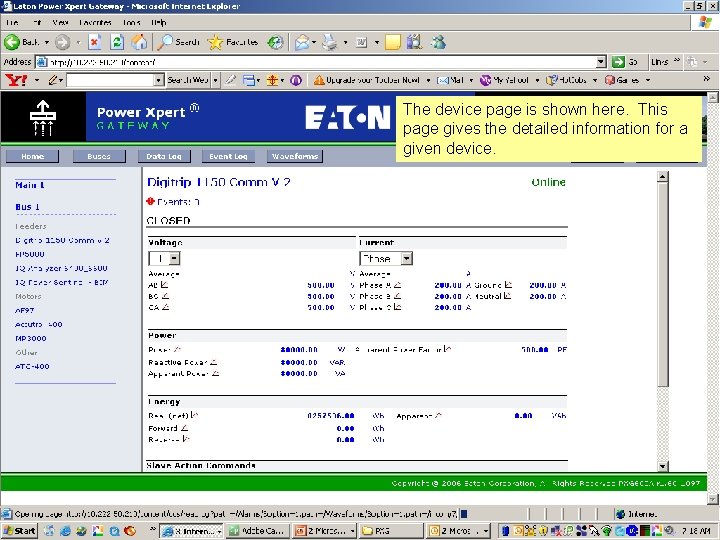 The device page is shown here. This page gives the detailed information for a