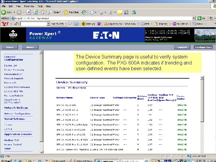 The Device Summary page is useful to verify system configuration. The PXG 600 A