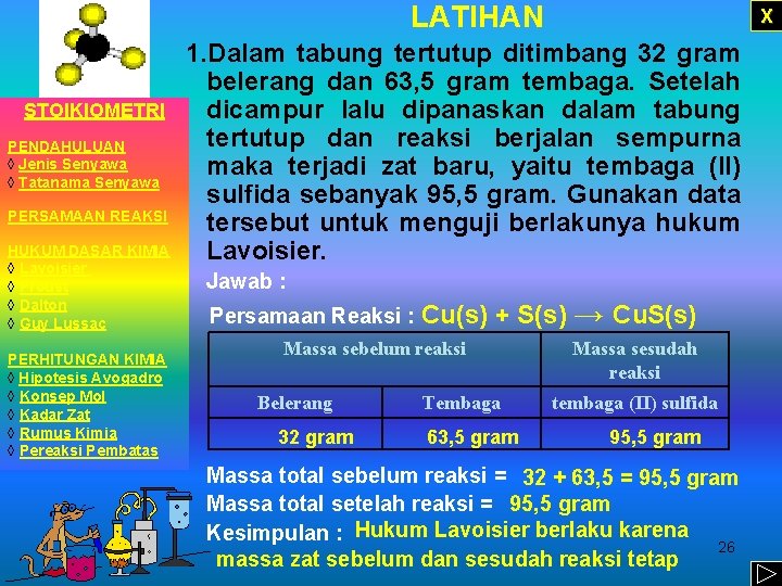 LATIHAN STOIKIOMETRI PENDAHULUAN ◊ Jenis Senyawa ◊ Tatanama Senyawa PERSAMAAN REAKSI HUKUM DASAR KIMIA