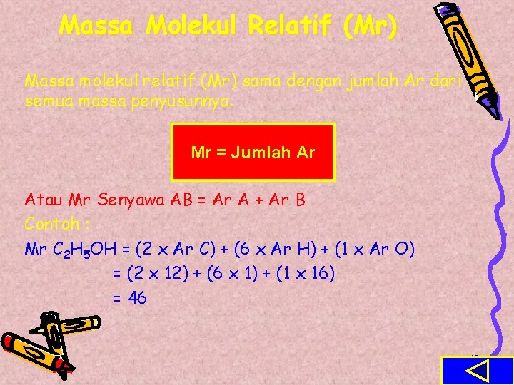 Massa Molekul Relatif (Mr) Massa molekul relatif (Mr) sama dengan jumlah Ar dari semua