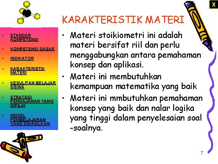 X KARAKTERISTIK MATERI • STANDAR KOMPETENSI • KOMPETENSI DASAR • INDIKATOR • KARAKTERISTIK MATERI