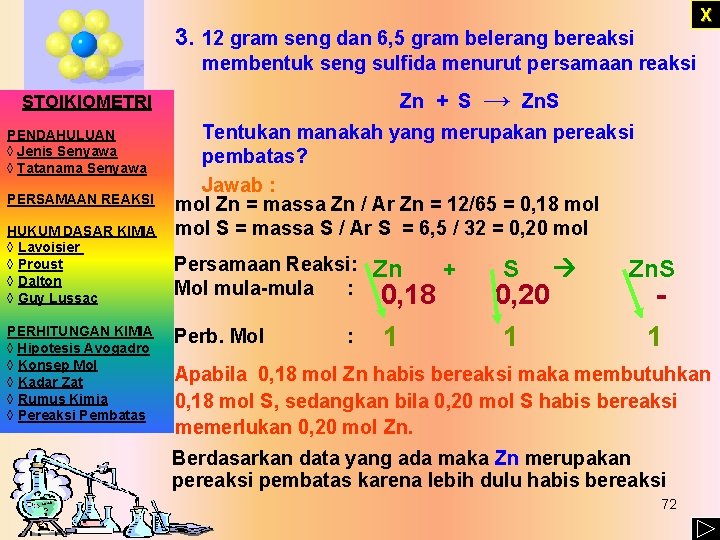 X 3. 12 gram seng dan 6, 5 gram belerang bereaksi membentuk seng sulfida