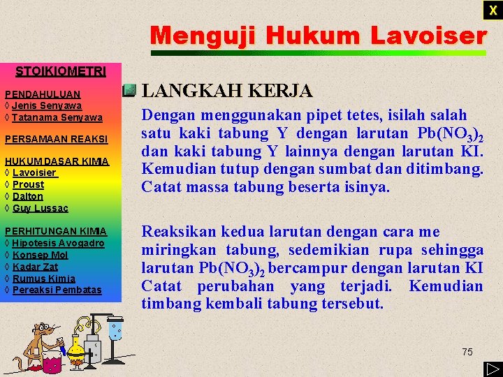 Menguji Hukum Lavoiser STOIKIOMETRI PENDAHULUAN ◊ Jenis Senyawa ◊ Tatanama Senyawa PERSAMAAN REAKSI HUKUM