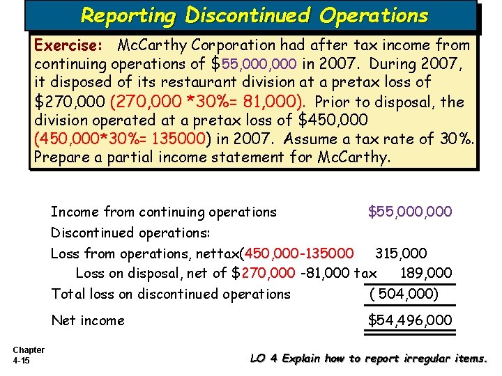 Reporting Discontinued Operations Exercise: Mc. Carthy Corporation had after tax income from continuing operations