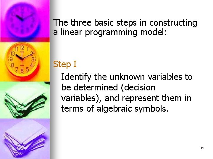 The three basic steps in constructing a linear programming model: Step I Identify the