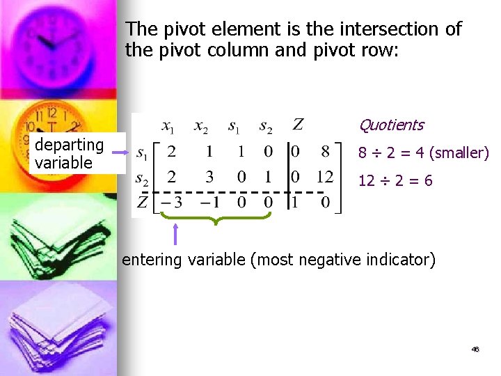 The pivot element is the intersection of the pivot column and pivot row: departing