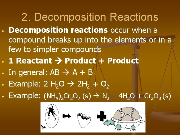 2. Decomposition Reactions • • • Decomposition reactions occur when a compound breaks up