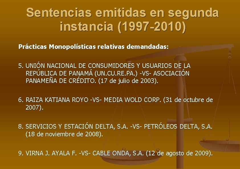 Sentencias emitidas en segunda instancia (1997 -2010) Prácticas Monopolísticas relativas demandadas: 5. UNIÓN NACIONAL