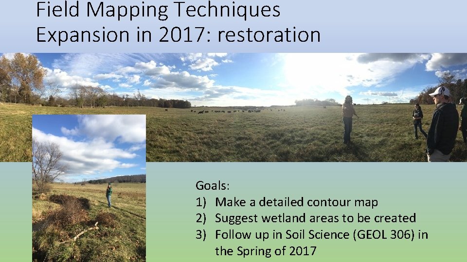 Field Mapping Techniques Expansion in 2017: restoration Goals: 1) Make a detailed contour map Field Mapping Techniques Expansion in 2017: restoration Goals: 1) Make a detailed contour map
