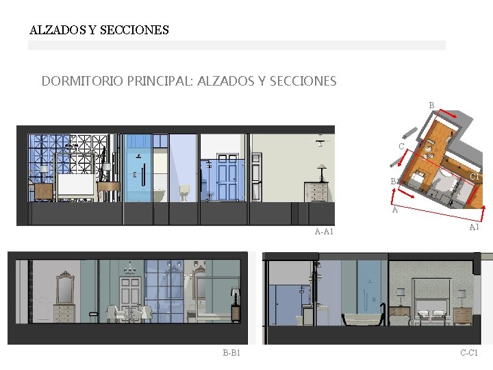 ALZADOS Y SECCIONES DORMITORIO PRINCIPAL: ALZADOS Y SECCIONES B C B 1 C 1 ALZADOS Y SECCIONES DORMITORIO PRINCIPAL: ALZADOS Y SECCIONES B C B 1 C 1