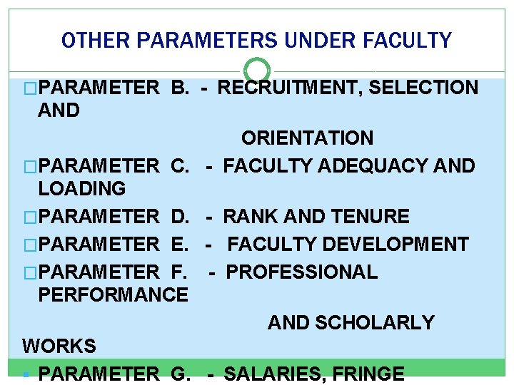 OTHER PARAMETERS UNDER FACULTY �PARAMETER B. - RECRUITMENT, SELECTION AND ORIENTATION �PARAMETER C. -