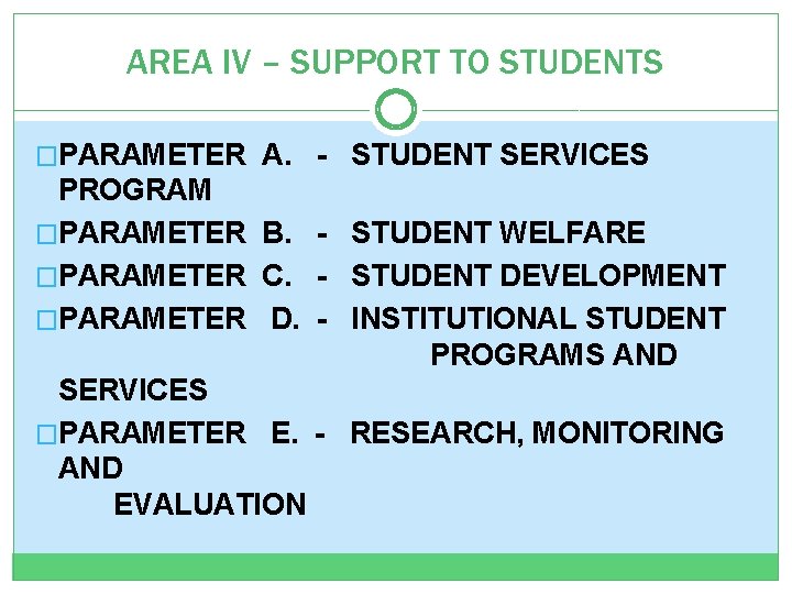 AREA IV – SUPPORT TO STUDENTS �PARAMETER A. - STUDENT SERVICES PROGRAM �PARAMETER B.