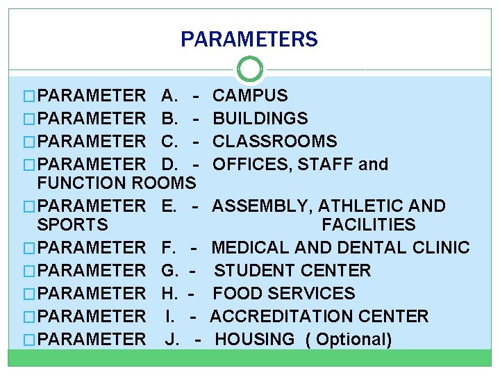 PARAMETERS �PARAMETER A. - CAMPUS �PARAMETER B. - BUILDINGS �PARAMETER C. - CLASSROOMS �PARAMETER
