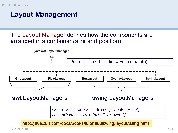 P 2 — GUI Construction Layout Management The Layout Manager defines how the components