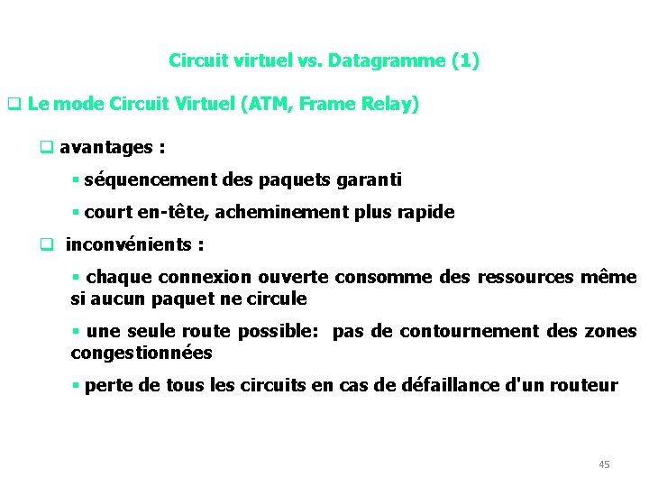 Circuit virtuel vs. Datagramme (1) q Le mode Circuit Virtuel (ATM, Frame Relay) q