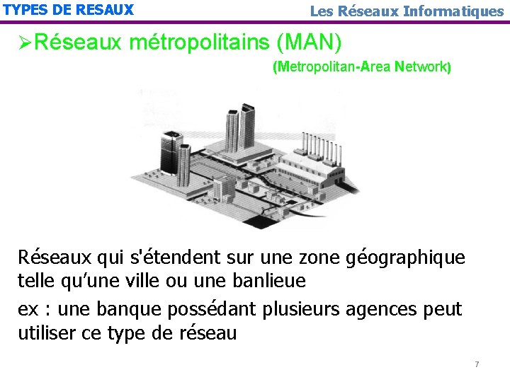 TYPES DE RESAUX Les Réseaux Informatiques ØRéseaux métropolitains (MAN) (Metropolitan-Area Network) Réseaux qui s'étendent