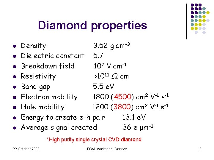 Diamond properties l l l l l Density 3. 52 g cm-3 Dielectric constant