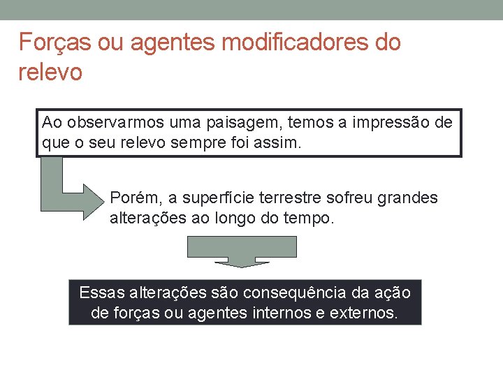 Forças ou agentes modificadores do relevo Ao observarmos uma paisagem, temos a impressão de