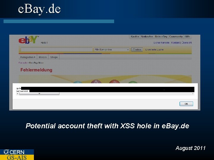 e. Bay. de Potential account theft with XSS hole in e. Bay. de CERN