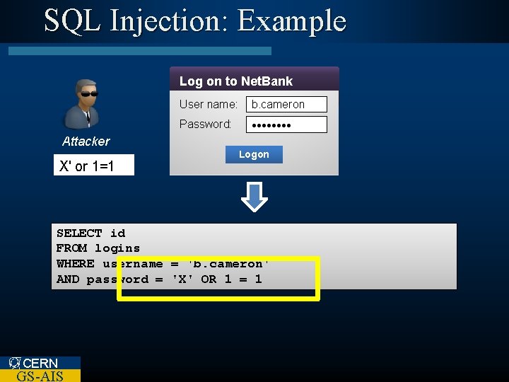 SQL Injection: Example Log on to Net. Bank User name: b. cameron Password: •