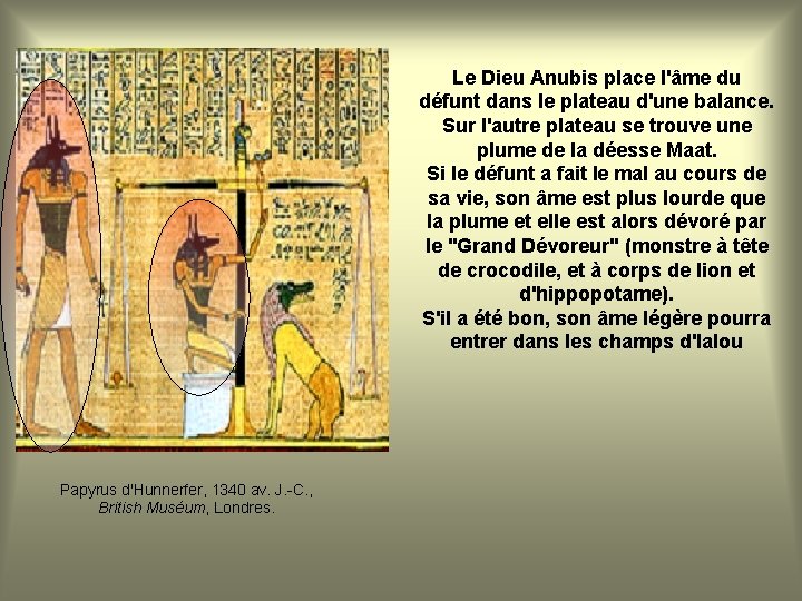 Le Dieu Anubis place l'âme du défunt dans le plateau d'une balance. Sur l'autre