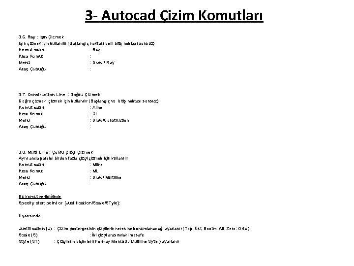 3 - Autocad Çizim Komutları 3. 6. Ray : Işın Çizmek Işın çizmek için