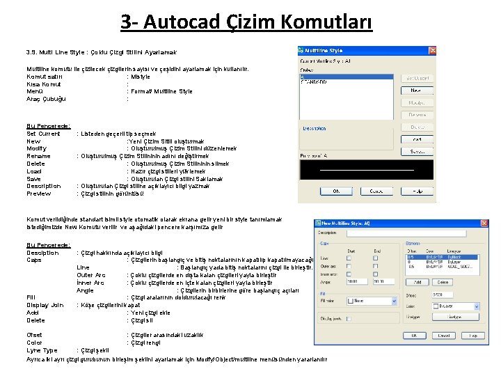 3 - Autocad Çizim Komutları 3. 9. Multi Line Style : Çoklu Çizgi Stilini