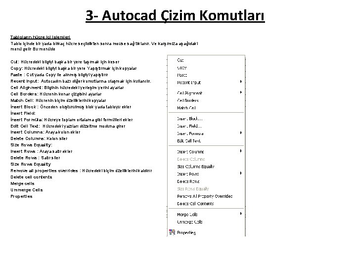 3 - Autocad Çizim Komutları Tabloların hücre içi işlemleri Tablo içinde bir yada birkaç