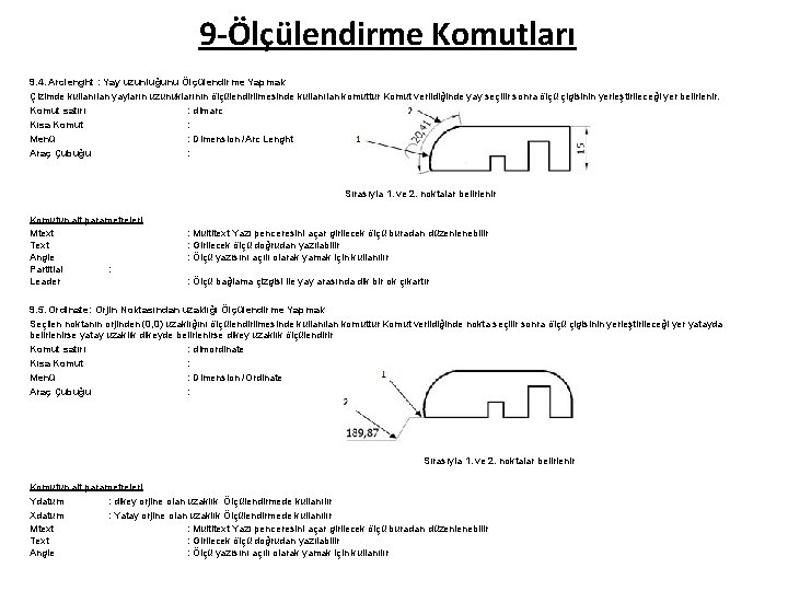 9 -Ölçülendirme Komutları 9. 4. Arclenght : Yay uzunluğunu Ölçülendirme Yapmak Çizimde kullanılan yayların