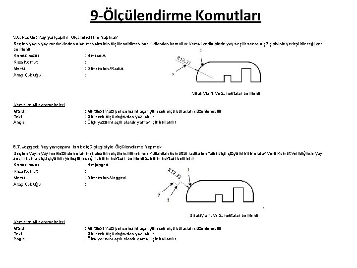 9 -Ölçülendirme Komutları 9. 6. Radus: Yay yarıçapını Ölçülendirme Yapmak Seçilen yayın yay merkezinden