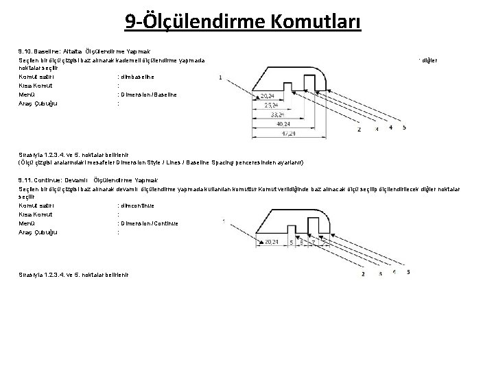 9 -Ölçülendirme Komutları 9. 10. Baseline: Altalta Ölçülendirme Yapmak Seçilen bir ölçü çizgisi baz