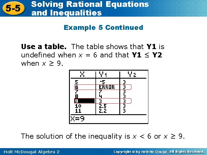 5 -5 Solving Rational Equations and Inequalities Example 5 Continued Use a table. The