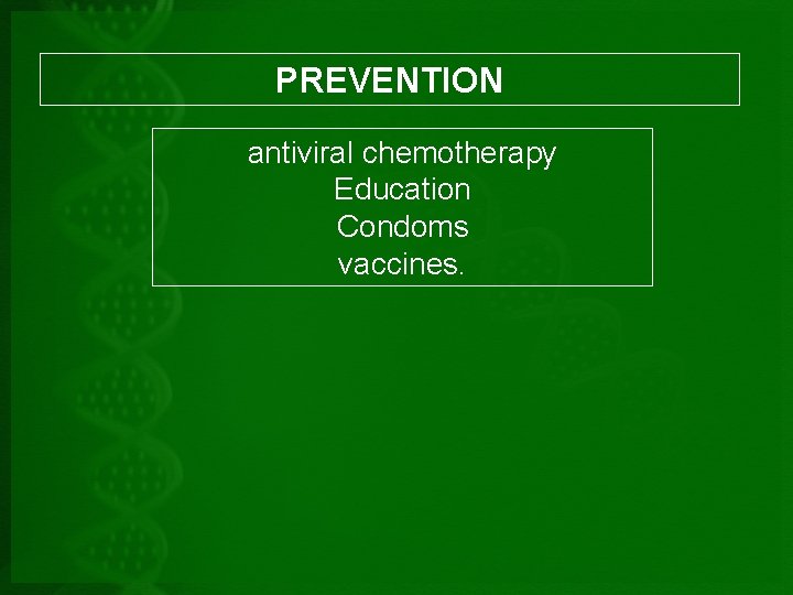 PREVENTION antiviral chemotherapy Education Condoms vaccines. 