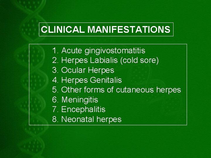 CLINICAL MANIFESTATIONS 1. Acute gingivostomatitis 2. Herpes Labialis (cold sore) 3. Ocular Herpes 4.