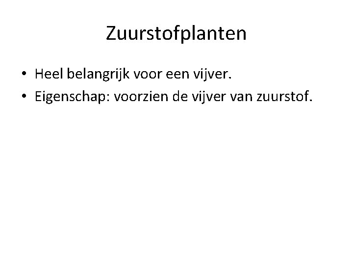 Zuurstofplanten • Heel belangrijk voor een vijver. • Eigenschap: voorzien de vijver van zuurstof.