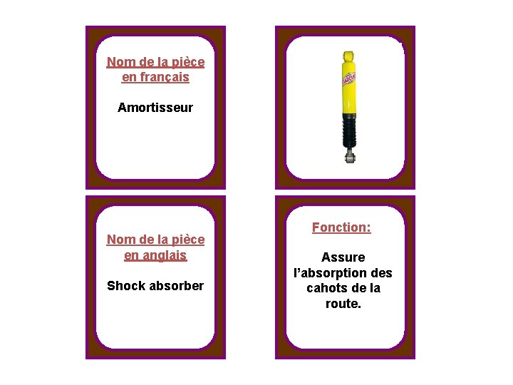 Nom de la pièce en français Amortisseur Nom de la pièce en anglais Shock
