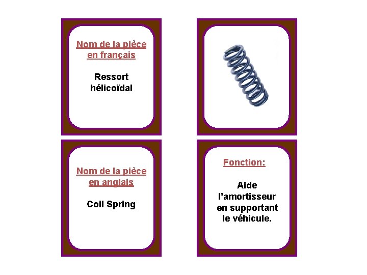 Nom de la pièce en français Ressort hélicoïdal Nom de la pièce en anglais