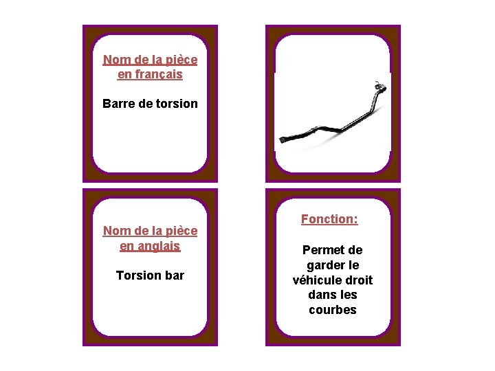 Nom de la pièce en français Barre de torsion Nom de la pièce en