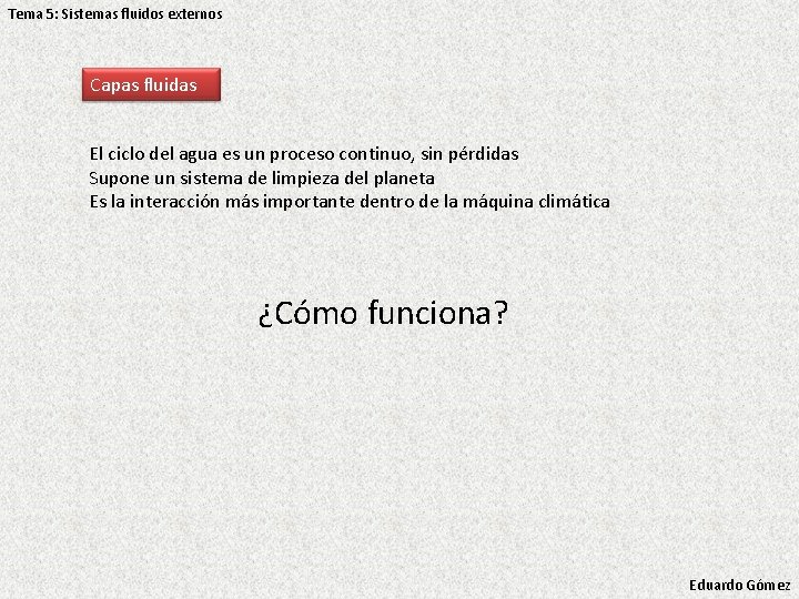 Tema 5: Sistemas fluidos externos Capas fluidas El ciclo del agua es un proceso Tema 5: Sistemas fluidos externos Capas fluidas El ciclo del agua es un proceso