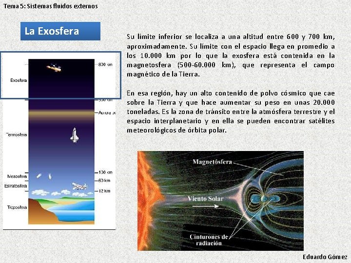 Tema 5: Sistemas fluidos externos La Exosfera Su límite inferior se localiza a una Tema 5: Sistemas fluidos externos La Exosfera Su límite inferior se localiza a una