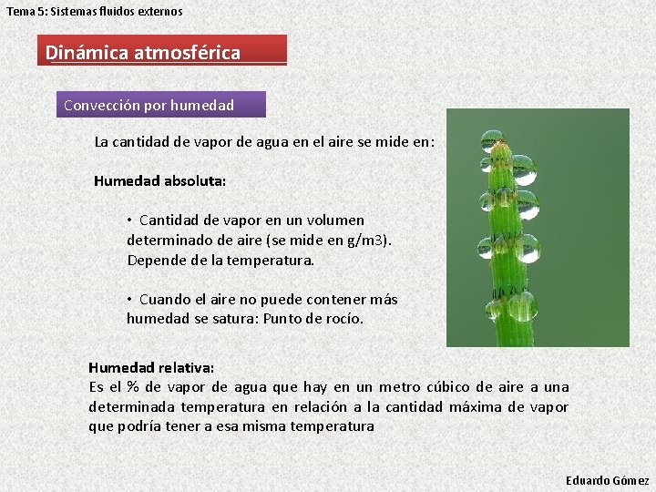Tema 5: Sistemas fluidos externos Dinámica atmosférica Convección por humedad La cantidad de vapor Tema 5: Sistemas fluidos externos Dinámica atmosférica Convección por humedad La cantidad de vapor