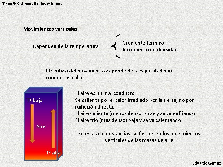 Tema 5: Sistemas fluidos externos Movimientos verticales Dependen de la temperatura Gradiente térmico Incremento Tema 5: Sistemas fluidos externos Movimientos verticales Dependen de la temperatura Gradiente térmico Incremento