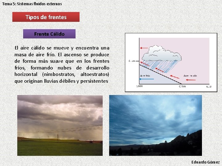 Tema 5: Sistemas fluidos externos Tipos de frentes Frente Cálido El aire cálido se Tema 5: Sistemas fluidos externos Tipos de frentes Frente Cálido El aire cálido se