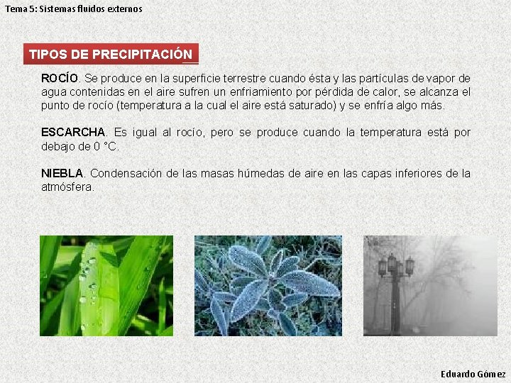 Tema 5: Sistemas fluidos externos TIPOS DE PRECIPITACIÓN ROCÍO. Se produce en la superficie Tema 5: Sistemas fluidos externos TIPOS DE PRECIPITACIÓN ROCÍO. Se produce en la superficie
